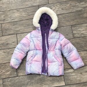Kids Tie-Dye Pastel Puffer Jacket with Faux Fur Hood- size 6